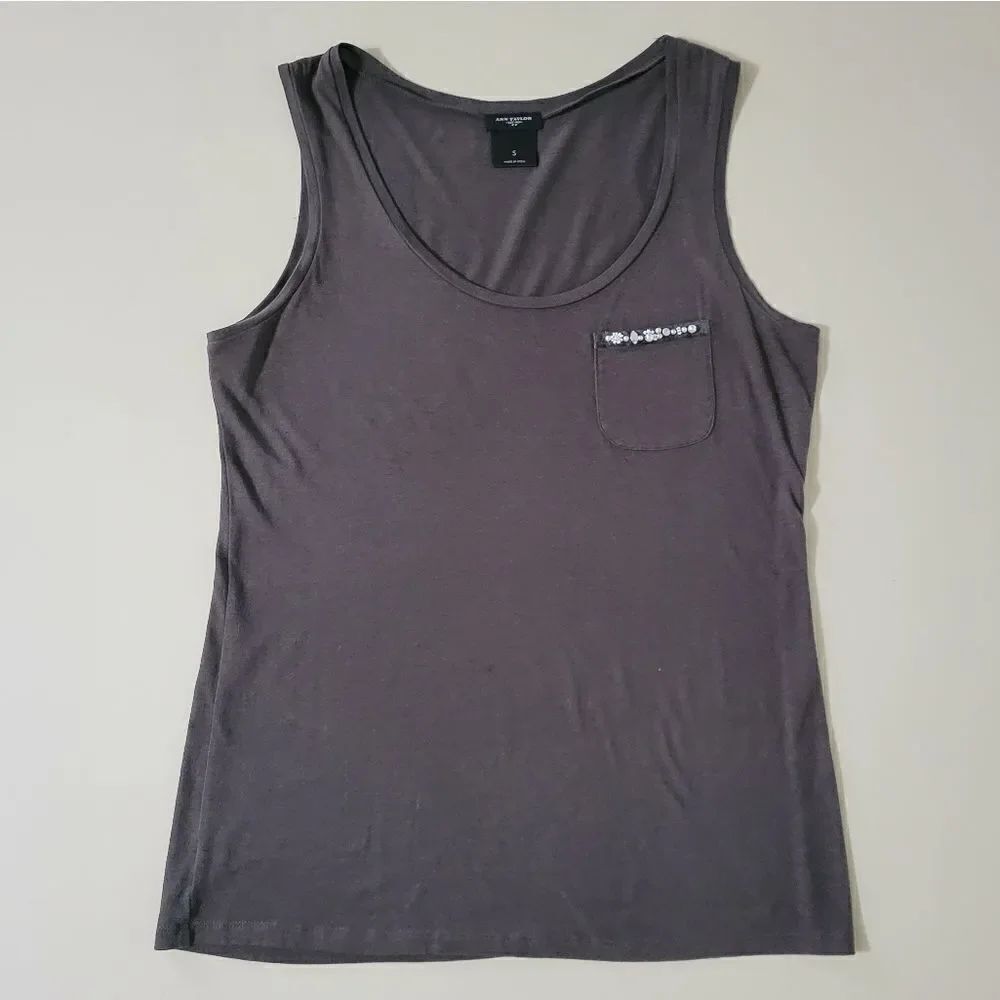 Ann Taylor Brown Embellished Pocket Scoop-neck Tank Top